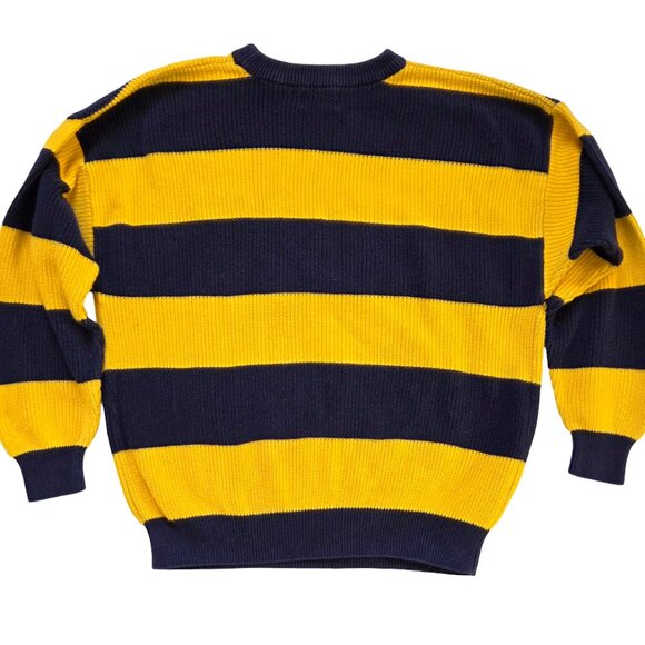 Vintage Izod Men's Sweater XL Navy Blue Yellow Heavyweight Cotton Cozy Cabincore - Picture 2 of 9